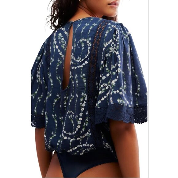Free People Bali Tate Navy Floral Lace-Trimmed Bodysuit Open Back Size XL - Picture 2 of 16